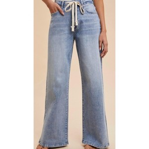 Women's Waist Strap Detail Stretch Side Slit Wide Leg Jean - AnnieWear - 1 of 3