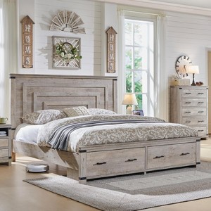 SinCiDo Farmhouse King-Sized Bed Frame 54" Headboard with 2 Large Drawers, Supported By Wooden Strips, No Spring Mattress Required, Noise Free - 1 of 4
