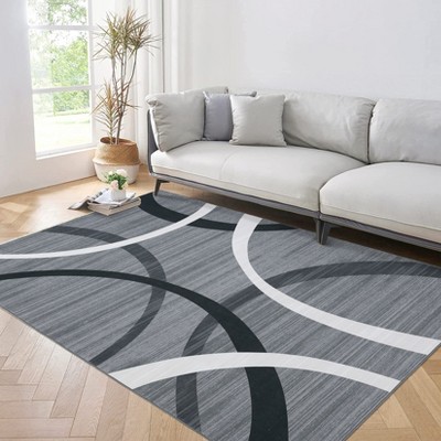 Indoor Modern Stripe Abstract Area Rugs for Living Room Bedroom Ultra Soft Washable Low Pile Non Slip Carpet Thin Floor Mat 5'x7'Grey