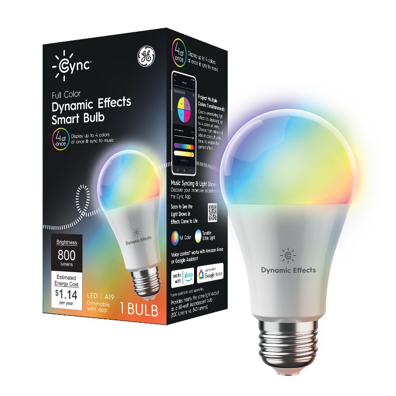 GE CYNC Dynamic Effects Smart LED Full Color A19 Light Bulb, 1 of 7