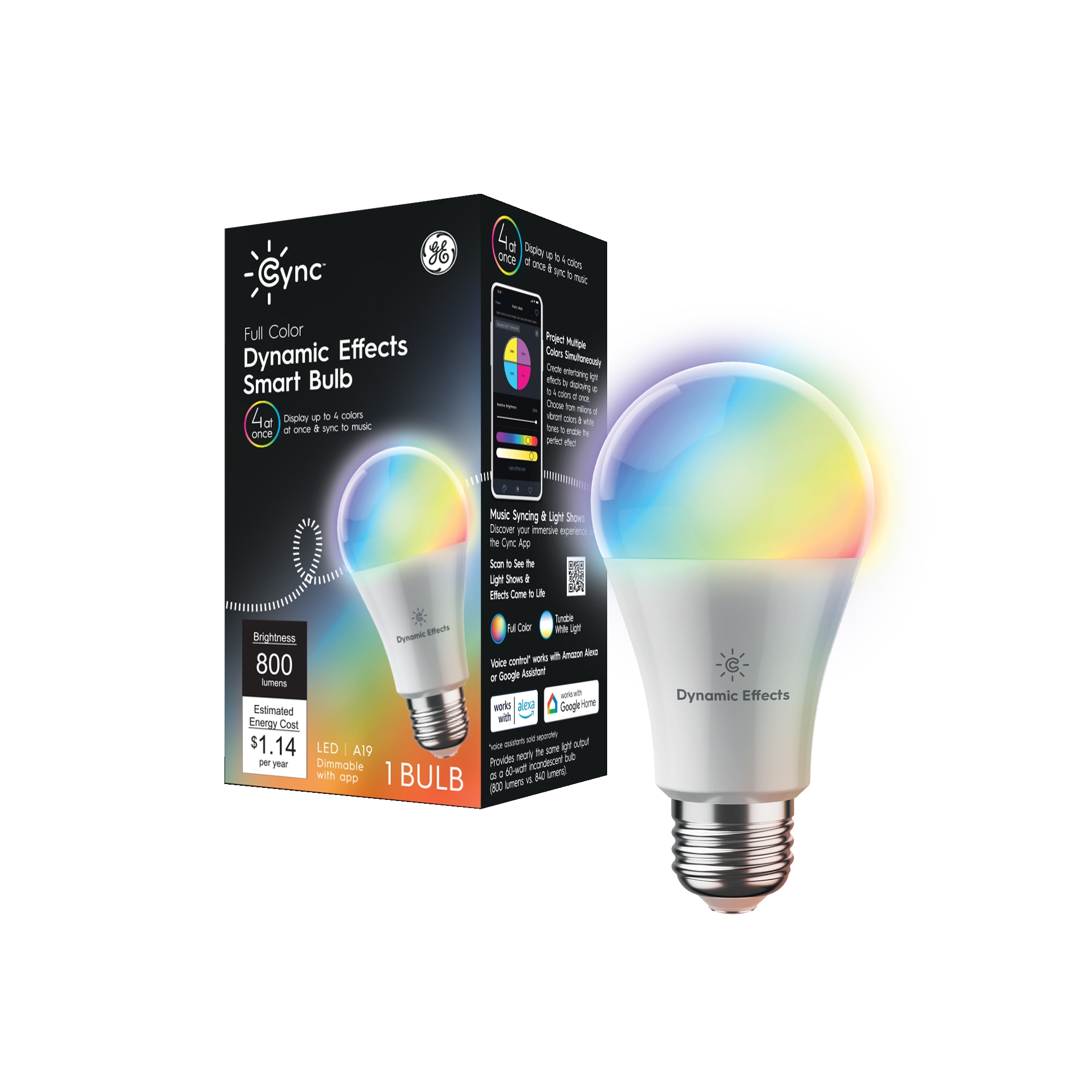 GE CYNC Dynamic Effects A19 Smart LED Full Color Light Bulb