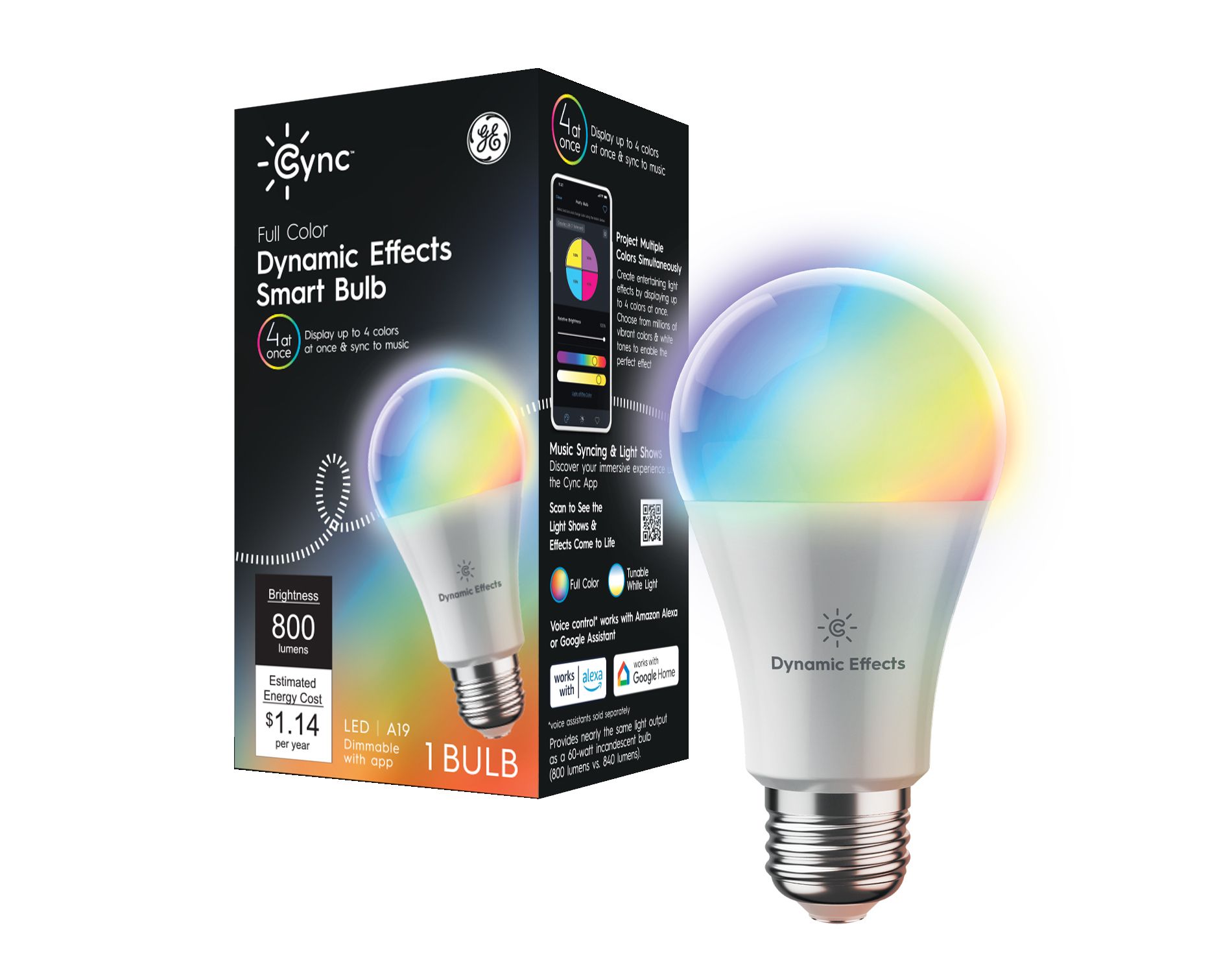 GE CYNC Dynamic Effects A19 Smart LED Full Color Light Bulb