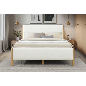 Queen/King Size Upholstered Platform Bed Frame with Headboard, White&Natural - ModernLuxe - 1 of 4