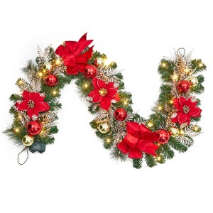 6 ft Prelit Christmas Garland, Artificial Wall Hanging Garland with Red Bows & Ball Ornaments, Xmas Wreath for Fireplace Mantle Staircase Doorway - 1 of 4