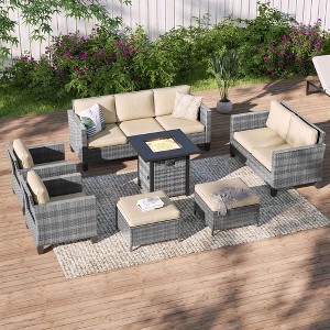 Sonkuki 7 Pieces Patio Sofa with Square Fire Pit Table and Ottomans, Wicker Conversation Couch, Sand Cushion - 1 of 4