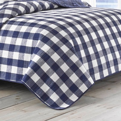 Twin White and Indigo Cotton Reversible Plaid Quilt Set