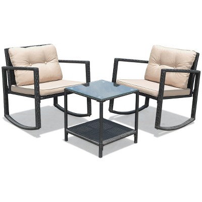 Costway 3pc Patio Rattan Conversation Set Rocking Chair Cushioned Sofa ...