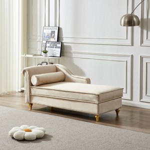 Modern Velvet Chaise Lounge Chair with Storage,Upholstered Recliner with Gold Metal Legs and Pillow for Bedroom or Living Room-The Pop Home - 1 of 4
