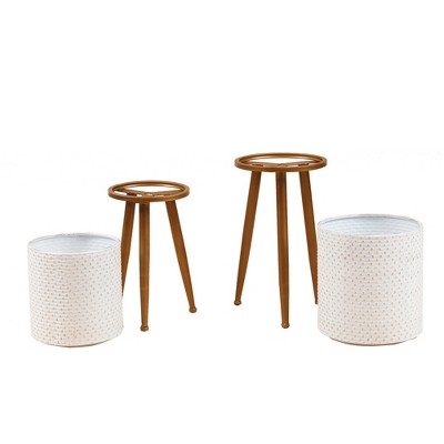 Distressed White and Bronze Dimpled Metal Planter Set with Tripod Stand