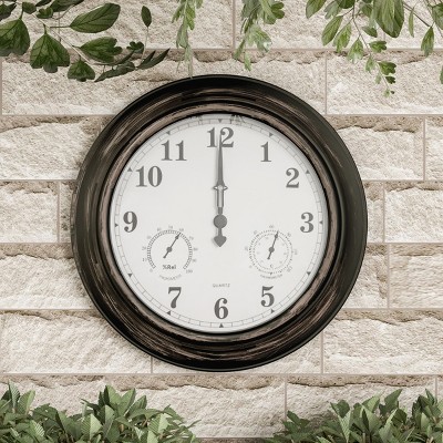 Nature Spring Battery-Powered Waterproof Wall Clock Thermometer - Antique Bronze