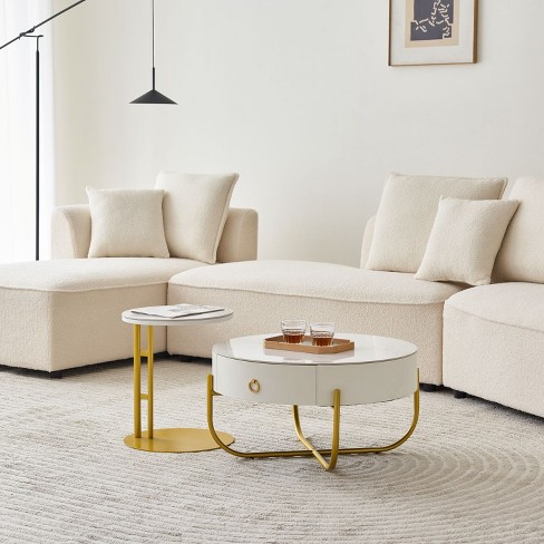 2 piece Modern White Round Coffee Table With Marble Nesting Stone Tabletop And Rattan Layer Gold Frame The Pop Home Target