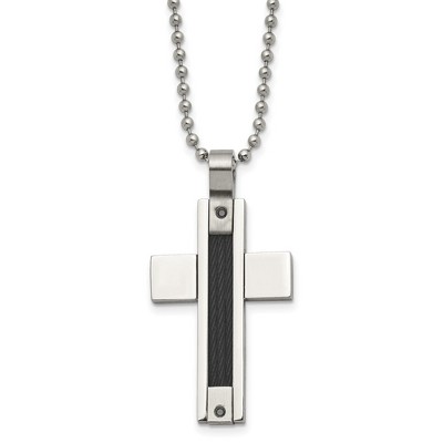 Black Bow Jewelry Stainless Steel Black Wire and Black Diamond Cross Necklace - 24 Inch