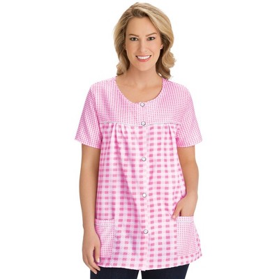 Collections Etc Seersucker Checkered Pattern Snap Front Top with Pockets, Lightweight Short-Sleeve Scoop Neckline Shirt