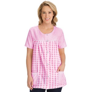 Collections Etc Seersucker Checkered Pattern Snap Front Top with Pockets, Lightweight Short-Sleeve Scoop Neckline Shirt - 1 of 4
