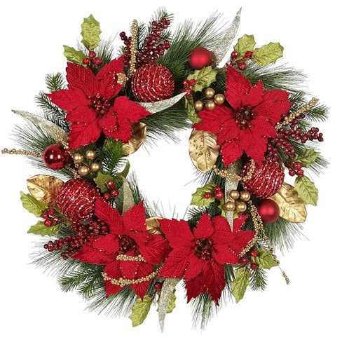 Kurt Adler 24-inch Unlit Gold and Red Poinsettia Wreath - image 1 of 4