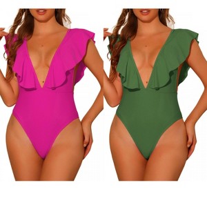 INSPIRE CHIC Women's V Neck Ruffled High Cut Tummy Control Monokini Swimwear Bathing Suit One Piece 2 Sets - 1 of 4