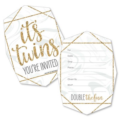 Big Dot of Happiness It's Twins - Shaped Fill-in Invitations - Gold Twins Baby Shower Invitation Cards with Envelopes - Set of 12