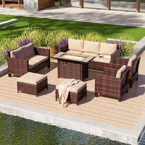Sonkuki 7 Pieces Patio Sofa with Rectangle Fire Pit Table and Ottomans, Wicker Conversation Couch, Navy Blue Cushion - 1 of 4