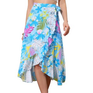 INSPIRE CHIC Women's Tropical Floral Print Ruffle Self-Tie Knot Split Beach Wrap Midi Skirt - 1 of 4