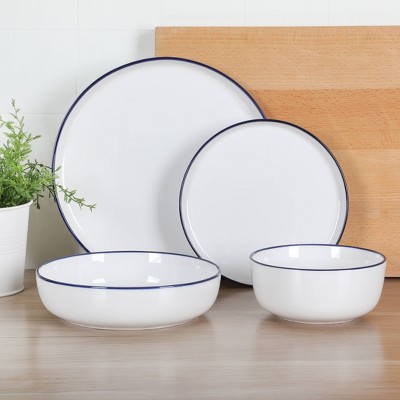 Oslo White Porcelain Dinnerware Set with Blue Rim, Service for 4
