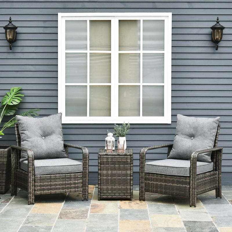 Outsunny 3 PCS Rattan Wicker Bistro Set with Storage Table, Patio Furniture Set Outdoor Sofa Set with Washable Cushion, Coversation Set for Garden Balcony Porch, 3 of 9