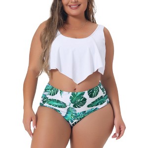 Agnes Orinda Women's Plus Size U Neck Leaf Ruffles Hem Two-Piece Bikini Sets - 1 of 4