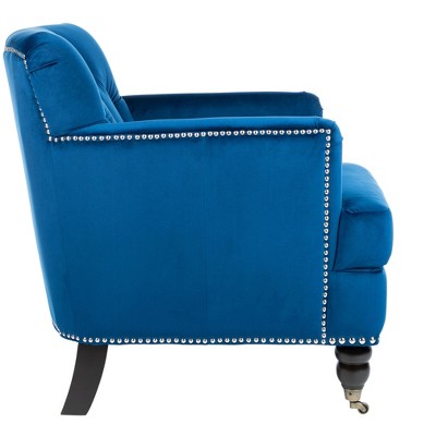 Navy Velvet Tufted Arm Chair with Espresso Wood Legs