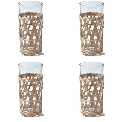 TAG Island Collection Clear Glass High Ball Glass Drinkware with Natural Cattail Braided Sleeve 16 oz. Set 4