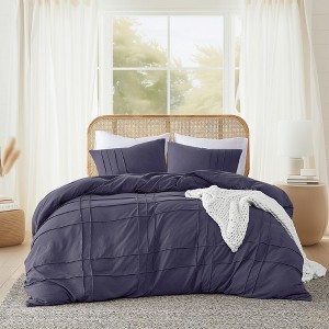 3Pcs Comforter set Pinch Pleat Comforter for All Seasons, Grid Pattern Lightweight Bedding Set, Solid Chic Vintage Style Farmhouse Bed Comforter Sets - 1 of 4