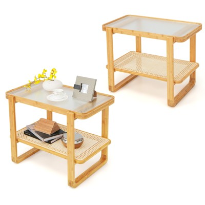 Tangkula 1pc/2pcs 2-tier Bamboo Side Table w/ Glass Top End Table w/ PE Rattan Shelf Home Sofa Side Table w/ Storage Nightstand Bedside Table