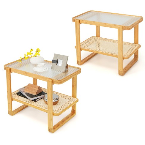 Costway set of 2 bamboo nightstand stackable deals sofa table bedside table with storage shelf