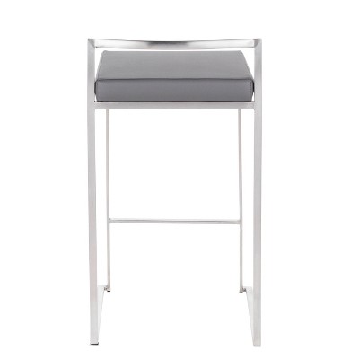 Modern Stainless Steel Counter Stools with Grey Faux Leather Cushion - Set of 2