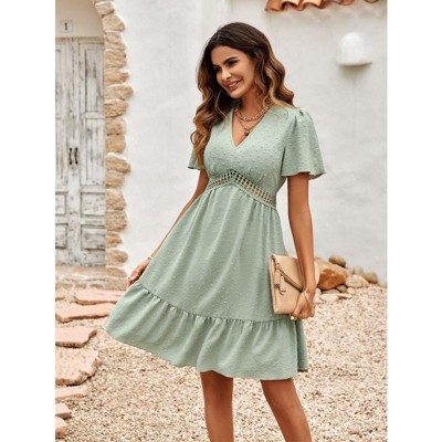 Coolmee Women Summer Midi Dress V Neck Flared Short Sleeve Midi Dress Polka Dot Hollow Out Casual Dresses