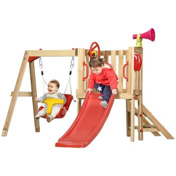 Outsunny 4-in-1 Wooden Swing Set, Kids Outdoor Playset with Swing, Slide, Horn, Steering Wheel, Toddler Playground Set for 18-48 Months, Red
