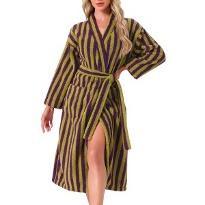INSPIRE CHIC Women's Striped Bathrobe Midi Belt Closure Warm Fleece Fluffy Short Plush Robes - 1 of 4
