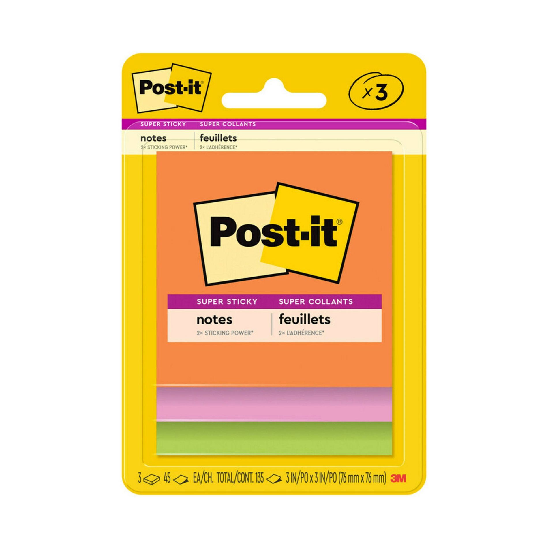Post-it® Super Sticky Notes, 3 in. x 3 in., Energy Boost Collection, 3 Pads/Pack: Multicolor, Art & Design, 45 Sheets/Pad