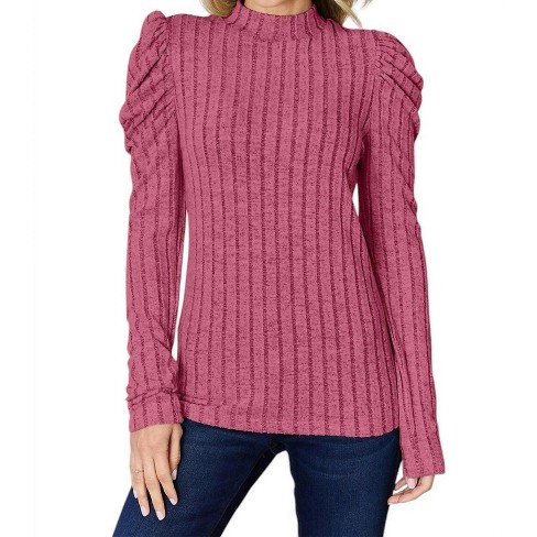 Women's Ribbed Mock Neck Top With Puff Sleeves - Basic Bae - image 1 of 4