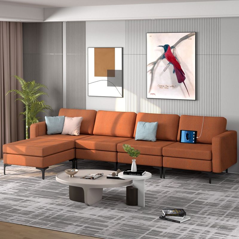 Costway Modular L-shaped Sectional Sofa w/ Reversible Chaise & 4 USB Ports Orange\Dark Grey, 3 of 11