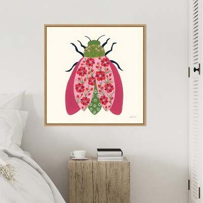 Floral Beetle Lithograph on Canvas with Maple Frame