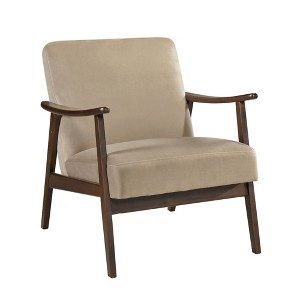 Velvet Upholstered Mid-Century Modern Accent Chair with Attached Cushions, High-Resiliency Foam and Solid Wood Frame - 1 of 4
