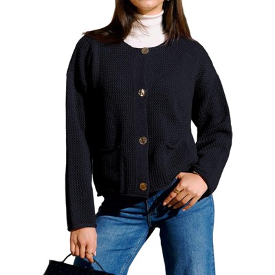 Women's Fall Winter Solid Cardigan Sweaters Button Down Crew Neck Sweaters Open Front Long Sleeve Knit Cropped Jackets with Pocket