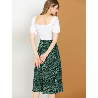 Green Floral Chiffon Midi Skirt with Elastic Waist