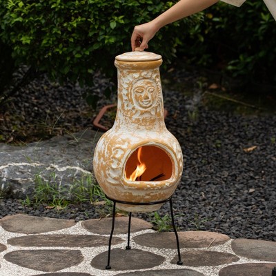Beige Clay Chiminea Fireplace with Metal Stand