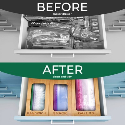 Natural Bamboo Ziplock Bag Organizer for Kitchen Drawer