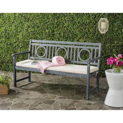 Ash Grey Beige Acacia Wood 3-Seat Bench with Cushion