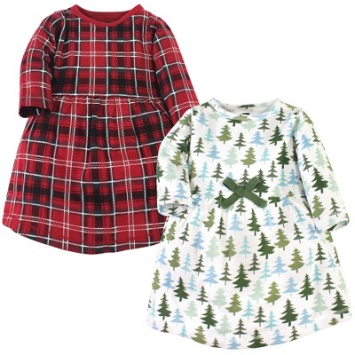 Hudson Baby Infant and Toddler Girl Cotton Long-Sleeve Dresses 2pk,  Evergreen Trees, 9-12 Months