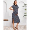 Maternity Collared V Neck Summer Dress Short Sleeve Striped Button Slit Bodycon Baby Shower Midi Dress Photoshoot - 4 of 4
