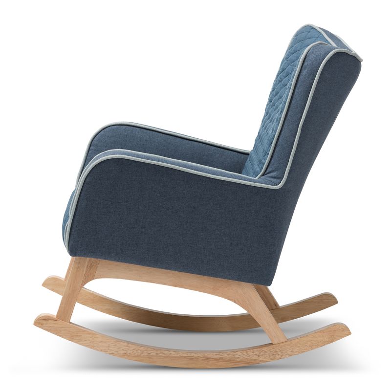 Zoelle Mid-Century Modern Fabric Upholstered Natural Finished Rocking Chair Blue/Light Brown - Baxton Studio, 4 of 11