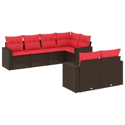 vidaXL 7 Piece Patio Sofa Set with Cushions Brown and Red Poly Rattan