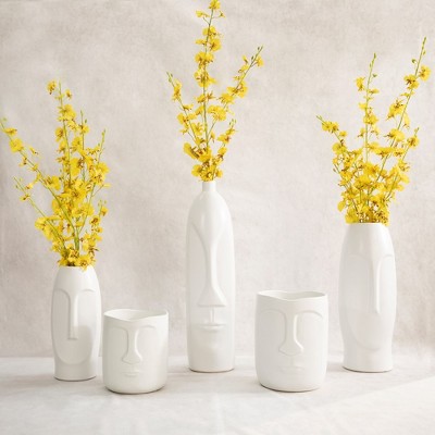 Eloise 18" White Ceramic Bouquet Vase with Abstract Face Design